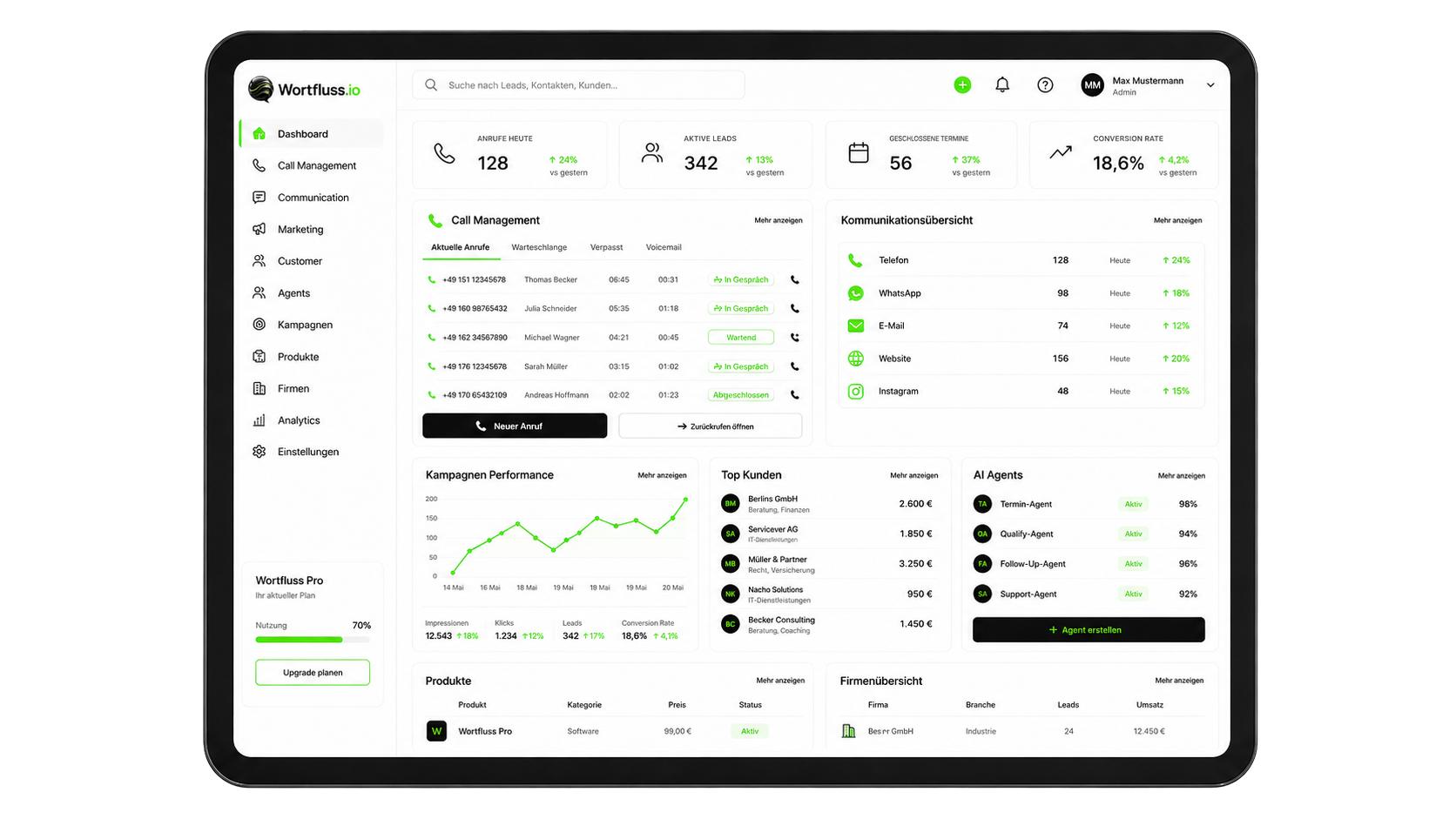 Wortfluss Call Management Dashboard
