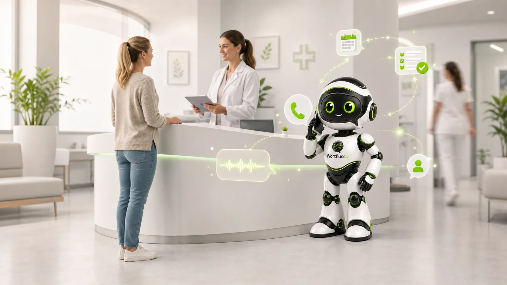 Wortfluss-Roboter unterstützt Ärztin und Patientin an einer modernen Praxisrezeption