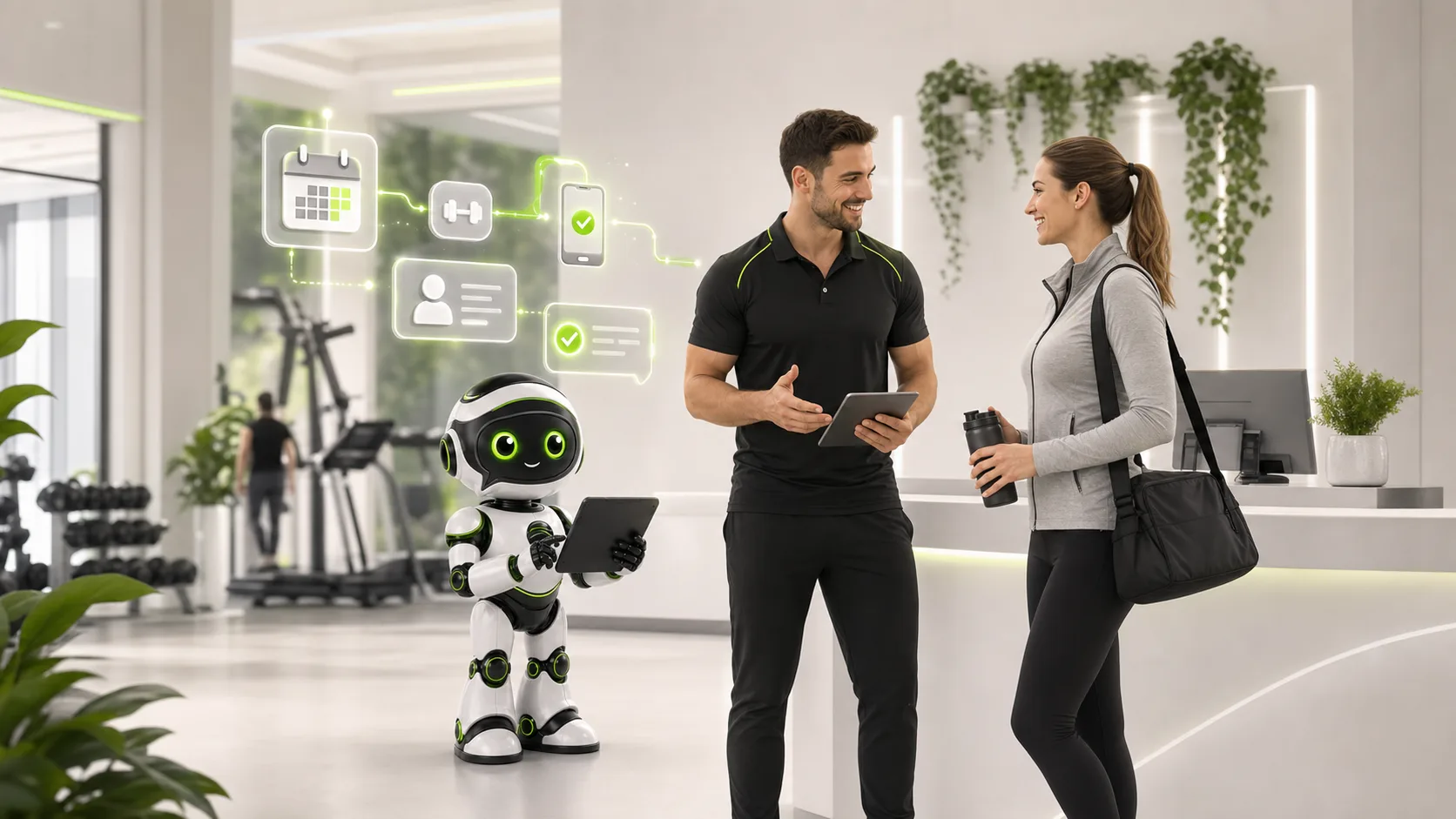 Wortfluss-Roboter bucht in einem Fitnessstudio ein Probetraining mit Trainer und Interessentin