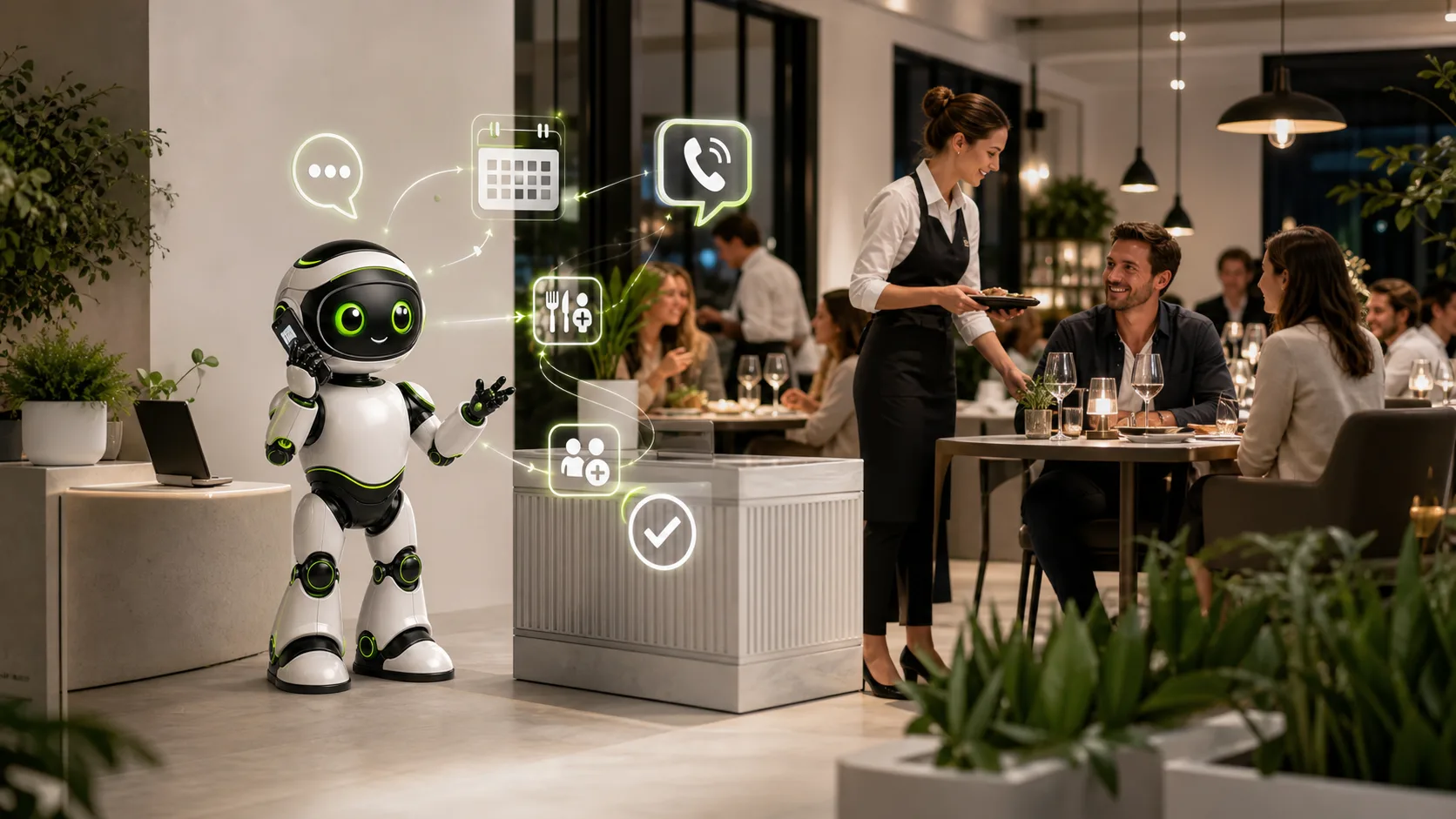 Wortfluss-Roboter nimmt Reservierungen in einem lebendigen Restaurant entgegen