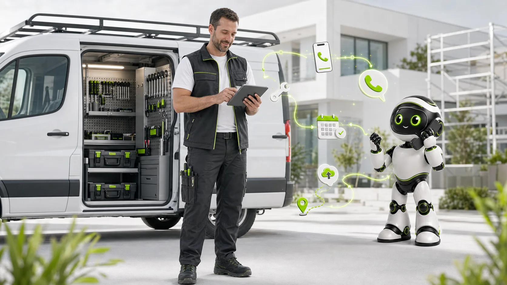 Wortfluss-Roboter koordiniert Anrufe neben einem Handwerker und seinem Servicefahrzeug