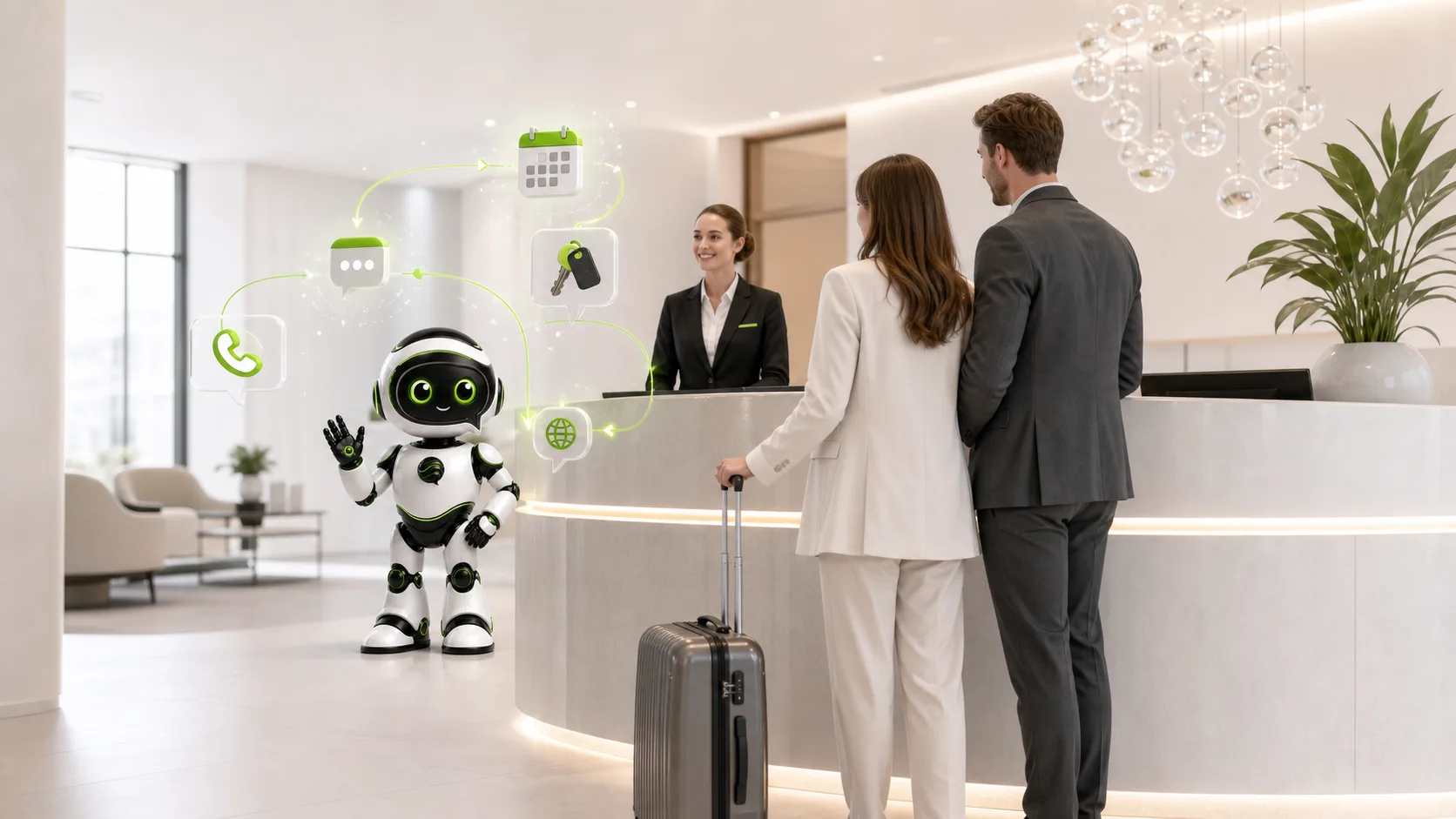 Wortfluss-Roboter unterstützt Gäste und Rezeption in einer modernen Hotellobby