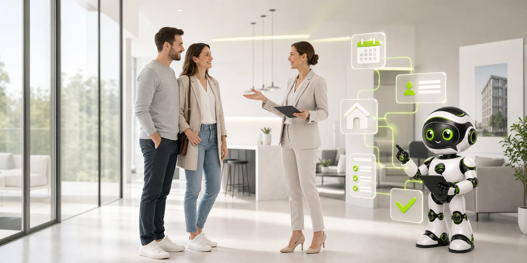 Wortfluss-Roboter unterstützt Maklerin und Interessenten bei einer Wohnungsbesichtigung