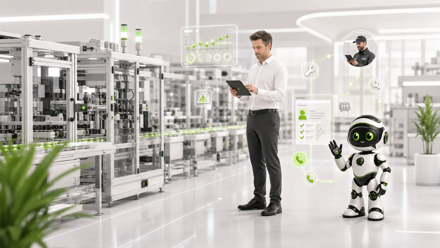 Wortfluss-Roboter unterstützt einen Ingenieur bei Störungsannahme in einer modernen Produktion