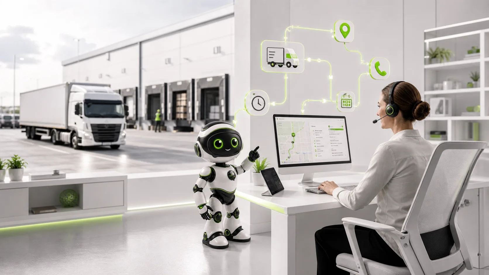 Wortfluss-Roboter unterstützt eine Disponentin bei Statusanfragen und Lieferavisierung