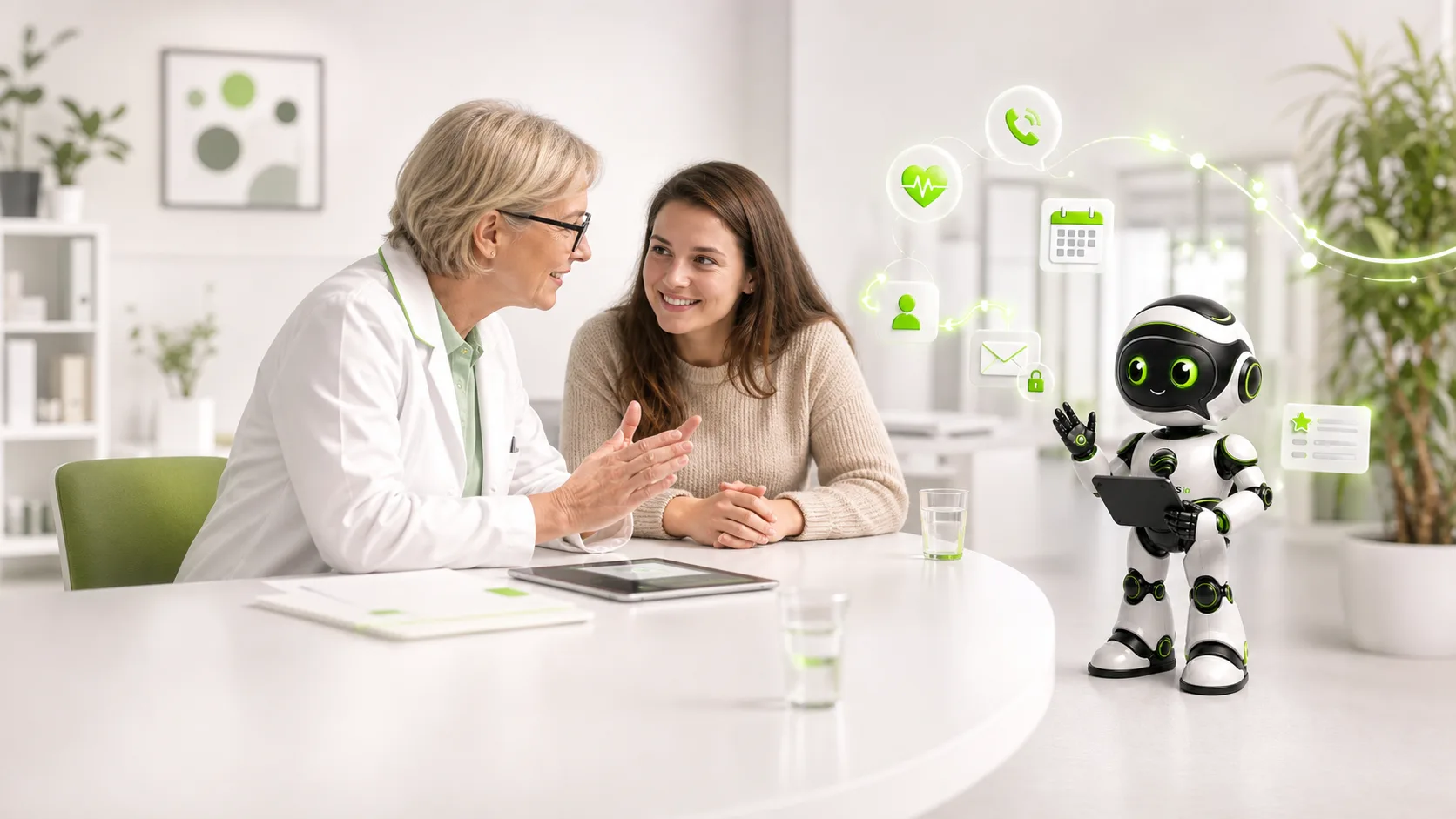 Wortfluss-Roboter unterstützt ein empathisches Gespräch zwischen Pflegefachkraft und Angehöriger
