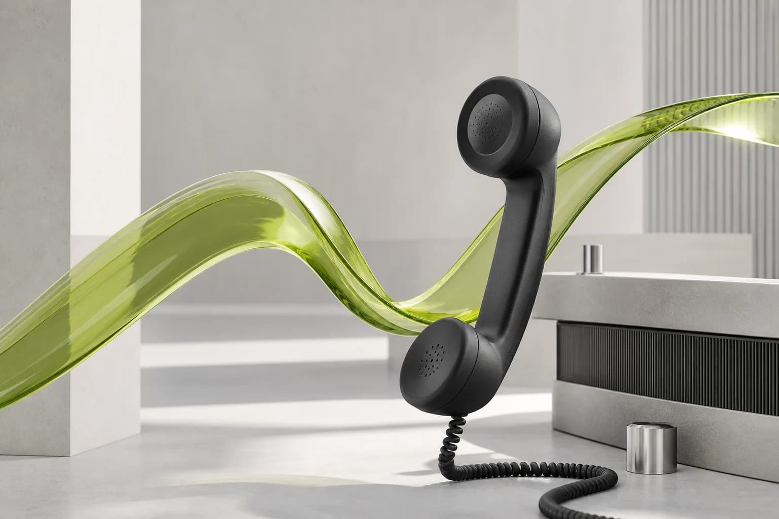 Schwarzer Telefonhörer mit fließender grüner Signalform in einem hellen Studio
